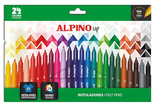 Alpino - Set mit 24 Filzstiften mit runder Spitze, 1 mm, verschiedene lebendige Farben zum Schreiben, Skizzieren und Design, robuste und langlebige Faserstifte, schlägt nicht durch Papier ab, super