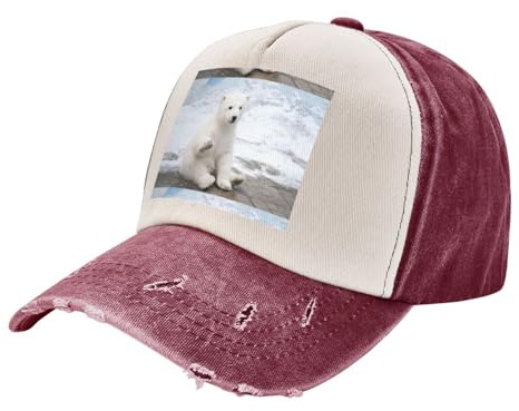 HKHLHLH Babymütze mit Eisbär-Aufdruck, für den Alltag, hochwertig, gewaschen, verstellbare Outdoor-Kopfbedeckung, Sommer-Baseballmütze für Erwachsene, dunkelrot, Einheitsgröße