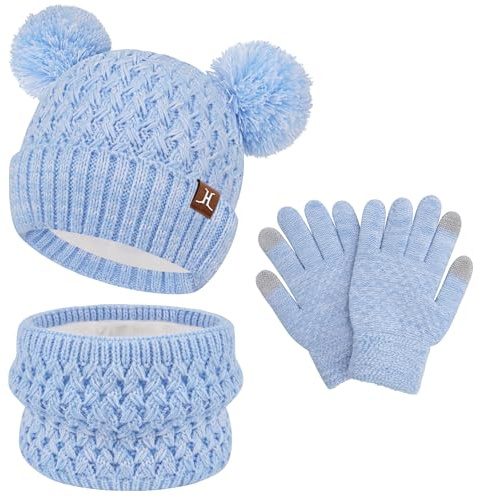ZASFOU Bambini Cappello Invernale Sciarpa Guanti Touch Screen Set 2 3 4 5 6 7 Anni Berretto Cappelli in Maglia con Pompon Scaldacollo Guanto Regali per Ragazze Ragazzo