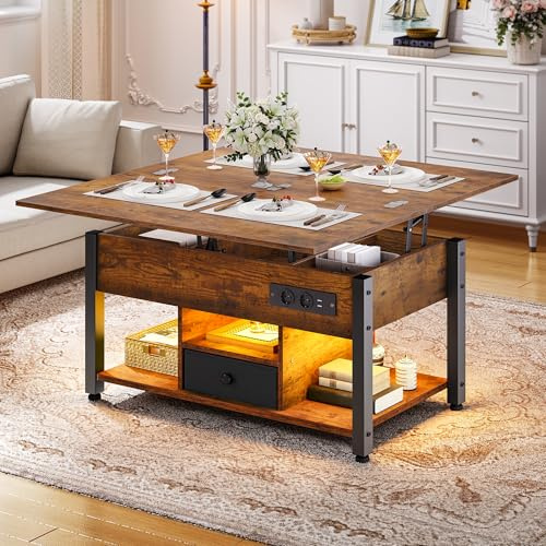 YITAHOME Mesa de Centro Elevable con LED RGB, 4 en 1 Mesa de Salón con Tablero Plegable y Compartimento de Almacenamiento Oculto, Mesa de Café con USB y Enchufe, Fácil de Levantar, Marrón Rústico
