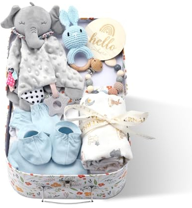 Windeltorte Baby Geschenkset 10-teilig - Neugeborenen Set mit Elefant Plüschtier & Handgewebter Rassel - Komplettes Geburtsgeschenk in Geschenkbox für Jungen Mädchen
