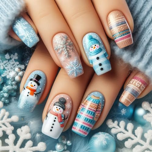 SanFangyue Press-on-naglar med frostig snödesign, 24 stycken, blå och vita konstgjorda naglar med snöflingemönster och iskristallglitter, återanvändbara konstgjorda fingernaglar