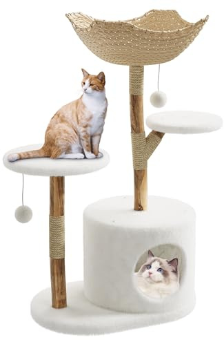 Arbre à chat moderne pour chats de toutes les phases de la vie 61 x 61 x 117 cm, arbre d'escalade luxueux avec grand panier en osier, grotte spacieuse et 2 plateformes d'assise, niche esthétique pour