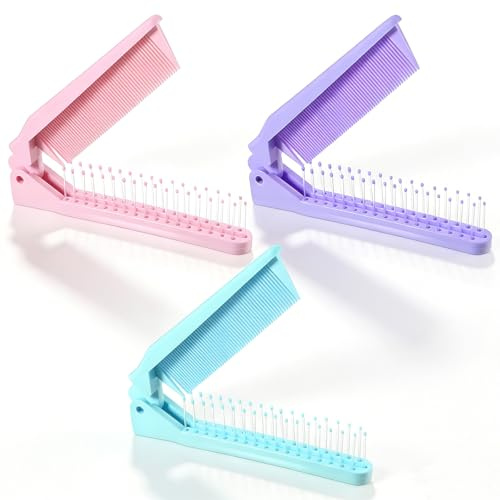 Lot de 3 mini peignes pliants, brosse à cheveux de voyage portable pour femme, brosse à peigne pliable de poche avec design à double tête, peignes pliants de voyage pour sac à main, poche (rose