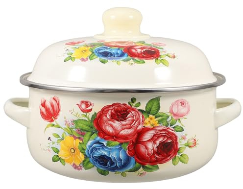 CLISPEED Enamel Saucepot with Lid 1.7L Double-Handled Thickened Stock Pot for Induction Cooking Small Vintage Soup Stew Pot
