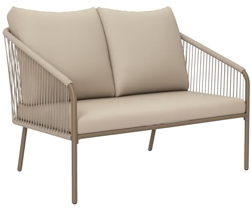 Outsunny Gartensofa 2-Sitzer Rattansofa mit Kissen Loungesofa Sitzgruppe, Wetterfest Couch für Garten Terrasse Balkon, Poly Rattan Beige