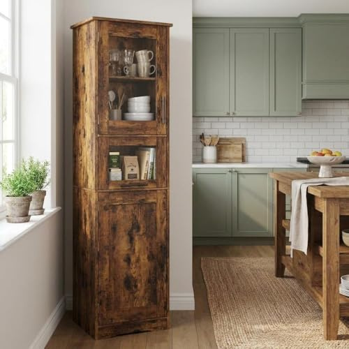 Badschrank Hochschrank Schmal, Klapp-Glasfach, Vintage Braun, Freistehend | Verstellbare Einlegeböden, Kippschutz, Mehrzweck für Küche & Flur, Platzsparend, Stabil, Robuste Holzoptik, Leichte Montage