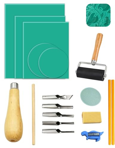 Lino Printing Kit 16Pcs, Lino Sheets with Lino Cutting Tools | A6/A5/A4 & Round Lino with Roller, Baren, Eraser, Pencils, Sharpener for Engraving Printmaking DIY Stamp Art Craft