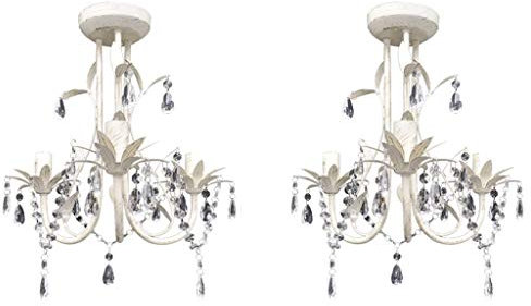 Tidyard Kristallkronleuchter Kristall-Deckenleuchte Kronleuchter 2 Lampen,Kristallluster Mit Beständiger Metallrahmen,230 V,Acryl,Antik-Weiß