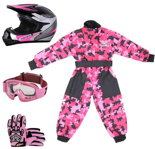 Zorax ZOR-X19 Youth Motocross Helmet & Gloves & Goggles & Camo Suit | Helmet Pink M (51-52cm) - Gloves M(6cm) - Suit M(7-8 Years) Children Dirt Bike Off Road Motorbike Helmet ECE 2206