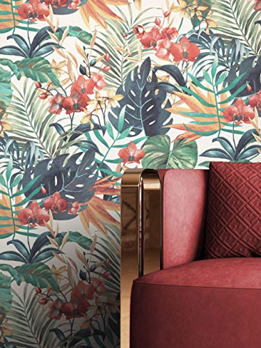 NEWROOM Papier peint Coloré Fleur Intissé - Floral Blanc Jungle Feuilles Tropical | Motif feuilles de monstera et palmier, style bohème jungle, finition mate, papier peint chambre, décoration murale, couloir