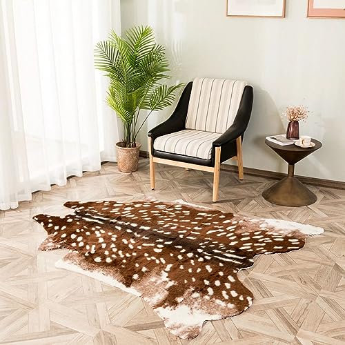 Plancholo Sika Deer Hide Area Rug Animals Faux Fur Rug, 2.5ft X 3.5ft, Faux Cowhide Rugs Animal Printed Area Rug Carpet for Home, White Brown