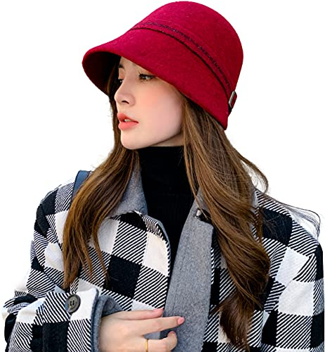 CHERISH Damen Wintermütze, 100 % Wolle, einfarbig, Retro, leicht, lässig, Schlapphut, rot, Einheitsgröße