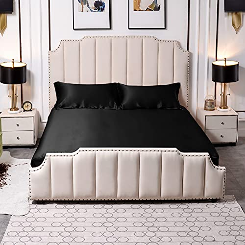 THXSILK 100% 25 Momme Seide Spannbettaken-Set 3 teilig, Beinhaltet Reine Seide Spannbetttuch 200x200 mit Rundumgummi und Kissenbezüge 40x80, Schwarz