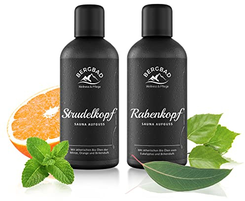 BERGBAD 2 x 100ml BIRKENWALD Set BIO Saunaaufguss Birke + Eukalyptus und Birke + Minze + Orange - wohltuendes Sauna-Aufgussmittel mit Bio-Alkohol, Wasser und 100% BIO Ölen