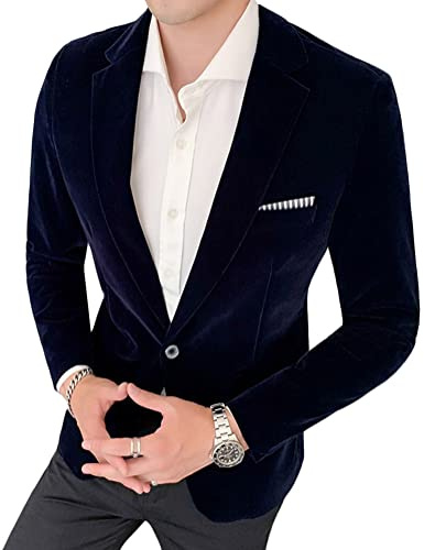 shownicer Abito da Uomo Casual in Velluto di Lusso da Uomo Slim Fit Stylish Blazer Coats Chic Jackets Giacca da Abito Formale Una Bottoni A Blu Navy L
