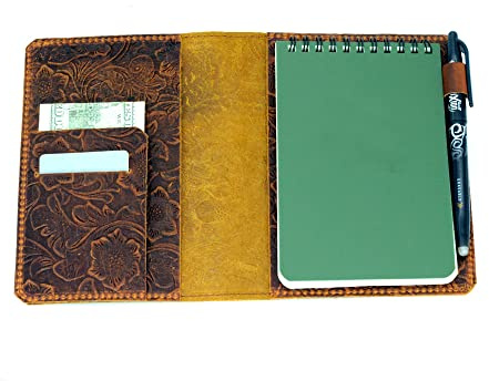 JJNUSA Lederbezug Kompatibel mit Rite in the Rain Spiral Notebooks Distressed Echtlederbezug für gebundene Notizbuchbezüge 3 x 5 Flower Brown