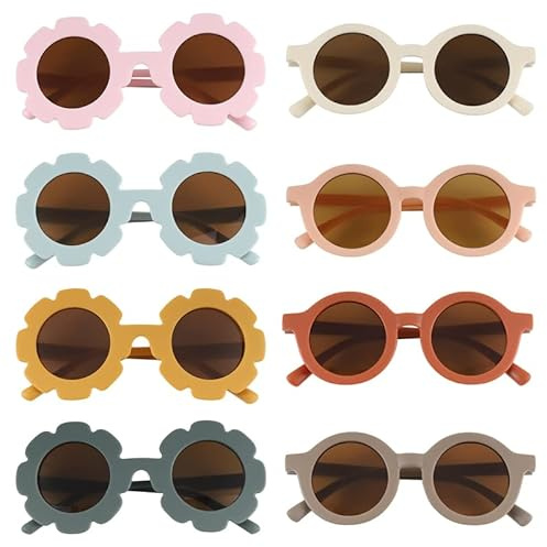 DragonflyDreams Sunglasses for Kids, 8 Pairs Flower Sunglasses Cute Round Glasses Colorful Kids Fashion Eyewear Uv 400 Protection Flexible Frame for Toddler Girls Boys