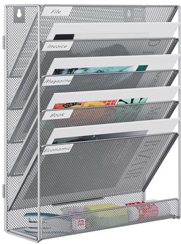 EasyPAG 6 Compartiments Assembler Métal Porte Document Mural A4 Porte Revue Suspendu Organisateur de Bureau à Suspendre Banette de Rangement Range Papier Corbeille a Courrier Murale,Argent