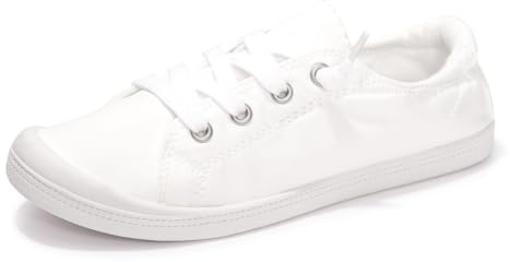 Women's Canvas Slip-On Sneakers, Low Top Casual Tennis Shoes, White/JD, 9