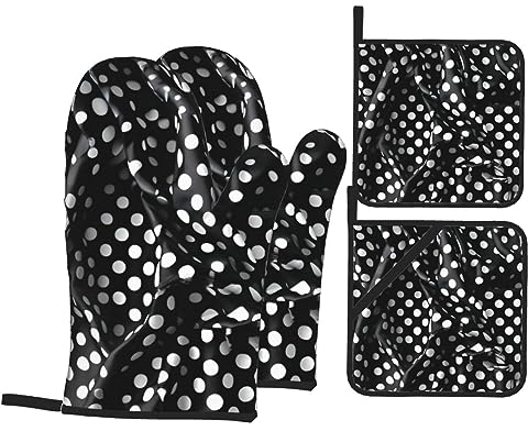 Set di 4 presine e guanti da forno a pois ondulati neri e bianchi, resistenti al calore, per cucina, cottura, grigliate, barbecue