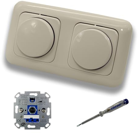REV Ritter (2 Stück) LED Drehdimmer Dimmer + Busch Jäger Dimmerscheiben 2115-212 in DURO2000 cremeweiß glänzend im 2-fach Rahmen inkl. EBROM Phasenprüfer zur Montage der Geräte ET1 66012B