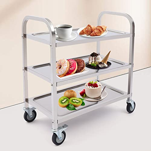 Xigner Küchenwagen,201 Edelstahl Servierwagen,3 Böden Küche Rollwagen,Servierwagen mit Rollen,70 * 40 * 83.5CM Essenswagen Geeignet für Restaurants,Bibliotheken, Küchen, Wohnräume,usw.