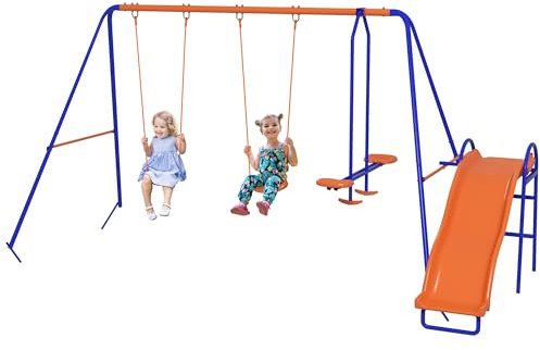 Outsunny Kids Swing Set, 4 in 1 Metal Garden Swing Set with 2 Seats, Glider, Slide, Ladder, Heavt-Duty A-Frame, Outdoor Playground Playset for Kids 3-8 Years Old, Hold up to 225kg