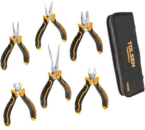 Tolsen 6 Piece Mini Pliers Set — Needle Nose, Long Nose, Bent Nose, Diagonal, End Cutting & Linesman Pliers for Electronics, Jewellery, Crafts & DIY Repair | Spring Loaded | Carrying Pouch Included