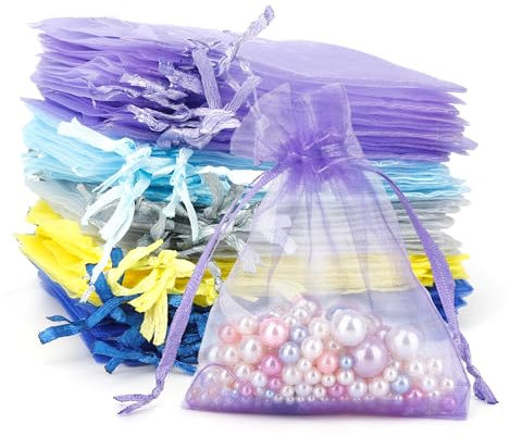 Sachet Organza 100 Pièces 8x10cm - Pochette Bijoux 50 Pcs - Sac en Organza pour Cadeau Mariage, Lavande, Bonbons Anniversaire - Jaune, Bleu, Violet