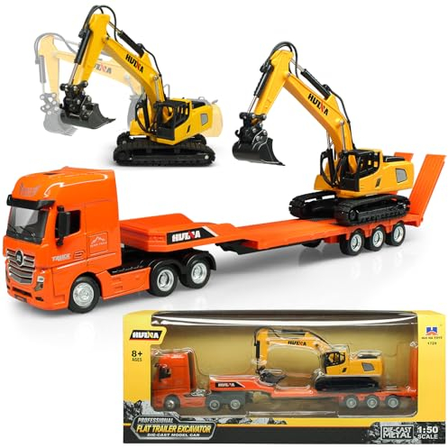 HUGMIE 1:50 LKW Spielzeug,Baustellenfahrzeuge mit Bagger Kinder,Abschleppwagen und Bagger Spielzeug ab 8 Jahre,Huina1729 LKW Größe35.5 x 5 x 6.5 cm