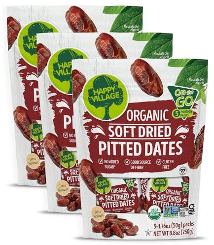 Happy Village Organic Soft Dried Pitted Dates On the Go – 3 Bags (15 Individual Portion Packs) | Healthy, Organic, Non-GMO, Vegan, Kosher, Gluten-Free Snack Packs