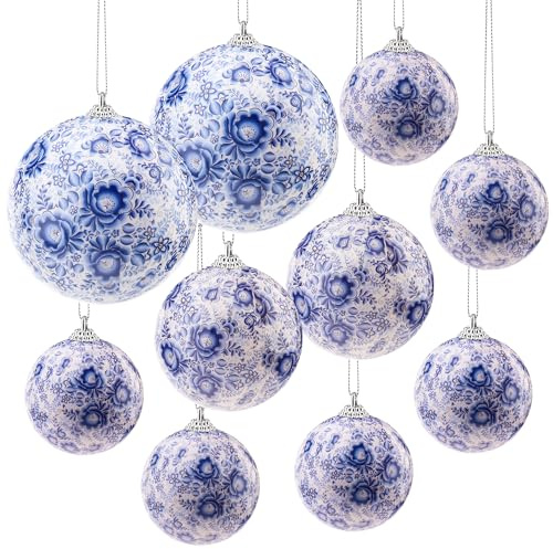 Quancru 10 Pcs White and Blue Christmas Chinoiserie Ornaments Ball Christmas Tree Hanging Ornaments DIY Xmas Party Basket Table Xmas Wreath