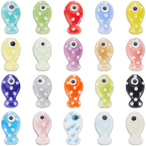 SUNNYCLUE 1 scatola 40 pezzi 20 colori Perline di Pesce In Ceramica Perline di Porcellana Sfuse Colorate Perline Distanziatrici Sciolte A Forma di Pesce di Mare Oceano Fatte A Mano per La Creazione di
