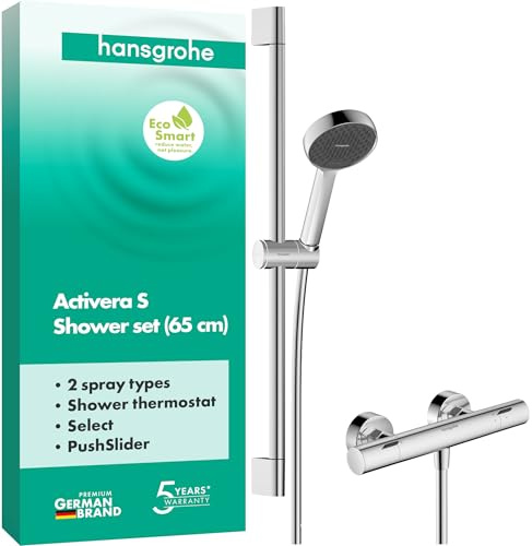 hansgrohe Activera Select S - Duschset mit Thermostat Ecostat Fine, wassersparendem Duschkopf (EcoSmart), Brausestange (65 cm), Brauseschlauch (1,60 m) und Duschkopfhalterung, Chrom, 28876000