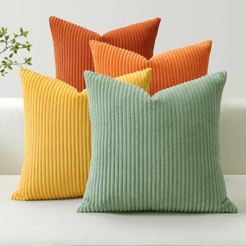JOTOM 4er Set Cord Kissenbezüge Kissenhülle Dekorative Zierkissen Couchkissen Sofakissen Dekokissen Kordsamt Kissenbezug Deko Kissenhülle für Sofa Wohnzimmer (40x40cm, Gelb Orange Grün)