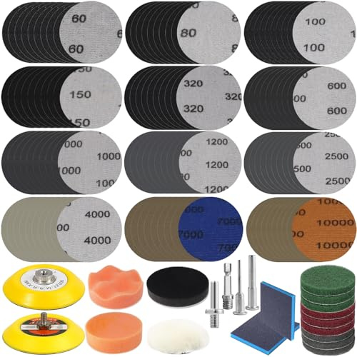 141Pcs Sandpaper 3 Inch Sanding Disc Grit 60-10000 Drill Sanding Attachments Car Polishing Pads Kit for Drill Wet and Dry Sanding Paper for Car Headlight Restoration Wood Metal Mirror