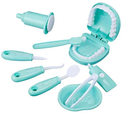 Satiskid Dental Early Education Brushing Toys, 9 Piece Children's Oral Dental Medical Toys Set, Cartoon Tooth Brushing Model, Preschool Education Toy, Dentist Play Toy Set for Girls Boys (Green)
