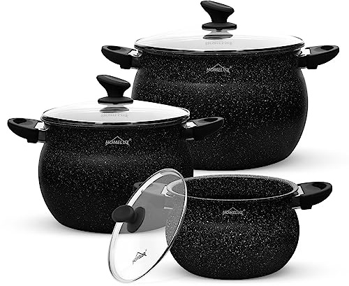 Homelux Topfset mit Glasdeckel, 6-tlg, Induktions，Antihaftbeschichtung | Kochtopf Set 20cm/4L, 24cm/8L, 28cm/12.5L, Spülmaschinenfest, Aluminium