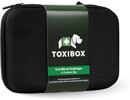 TOXIBOX Erste Hilfe für Hunde bei Vergiftung durch Giftköder, Pflanzen & Haushaltsgifte | Mit flüssiger Aktivkohle, Giftfibel, Notrufnummern, Schutz für Halter & mehr – MHD 31.08.2027