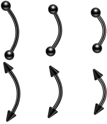 QZKJQDD 6 Pcs Vertical Labret Lip Bars & Eyebrow Piercing Jewellery, Curved Barbell Piercing, Bridge Tongue Rings for Eyebrow Lip Curved Barbell Piercing Helix Eyebrow Rings (Black 6/8/10mm)