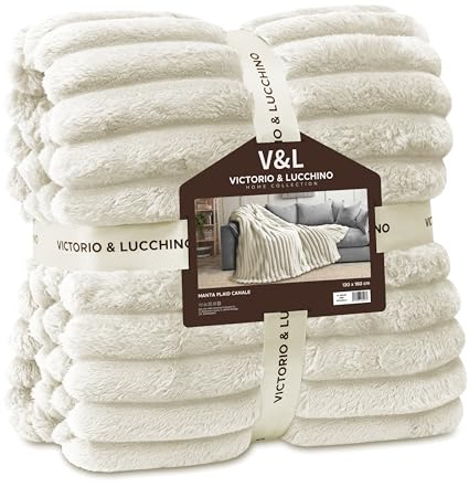 Victorio & Lucchino V&L Manta Canale Extra-Suave 450g para Sofá o para Cama. Cálida con Reverso sin Borrego. Transpirable para Invierno (80528-CRUDO, 130X160cm)