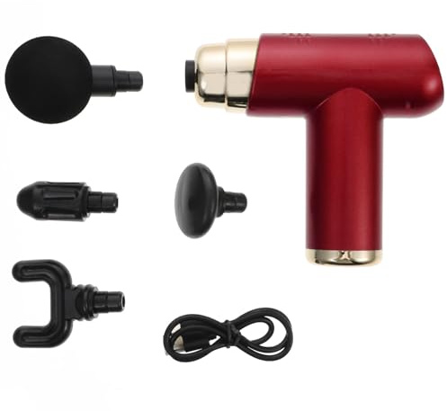 UTHCLO Mini Masseur Corporel Électrique Rouge Appareil de Massage à Percussion Réglable 6 Vitesses 4 Têtes Interchangeables Portable pour Relaxation Musculaire et Récupération