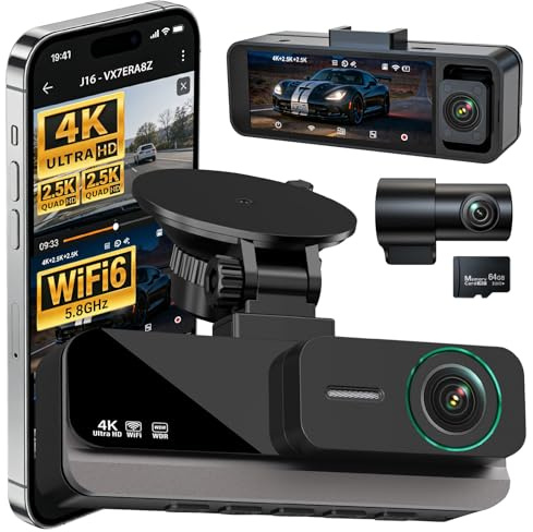 Nymzview 4K+2.5K+2.5K 3 Channel Dash Cam - Front/Rear/Inside - 5.8GHz WiFi 6 Dashcam with IR Night Vision, 64GB Card, 24H Parking Mode, G-Sensor - Car Dash Cam for Rideshare & Taxi