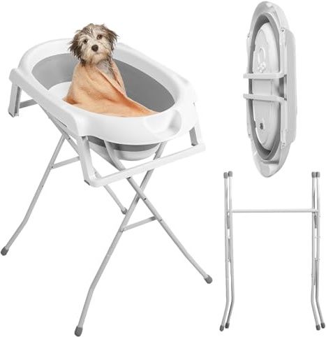 Baignoire Portable 2 en 1 pour Chien, Baignoire sur Pied avec Trou de Drainage pour le Bain et le Toilettage, Station de Lavage pour Chien, pour Petits Chiens, Chats et Animaux de Compagnie (Gris)