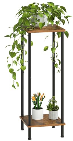 HOOBRO 2-stöckiger Blumenständer für drinnen, Blumentreppe, Blumenregal, quadratischer Pflanzenständer, Pflanzenregal, 30 x 30 x 83,5 cm, für Balkon, Wohnzimmer, Vintagebraun und Schwarz EBF14HJ01