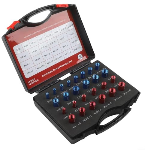 Lot de 26 jauges de filetage pour identification métrique et impériale des boulons et écrous, construction en aluminium, kit de mesure pour atelier et bricolage (26 pièces, rouge/bleu)