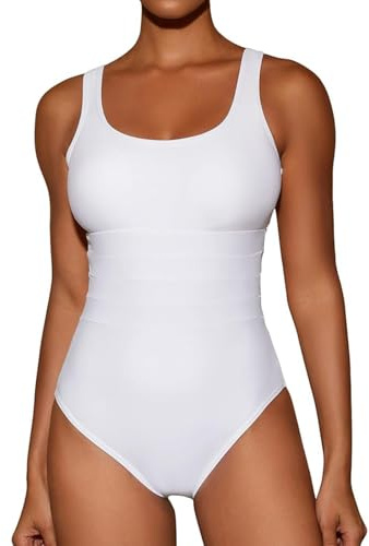 Costumi Interi Donna Senza Maniche Tinte Unite - Costumi da Bagno Donna Raffinato Sexy, Interi Semplice Elasticizzati Beachwear Women Pancia Piatta Nuoto Bianco XXL
