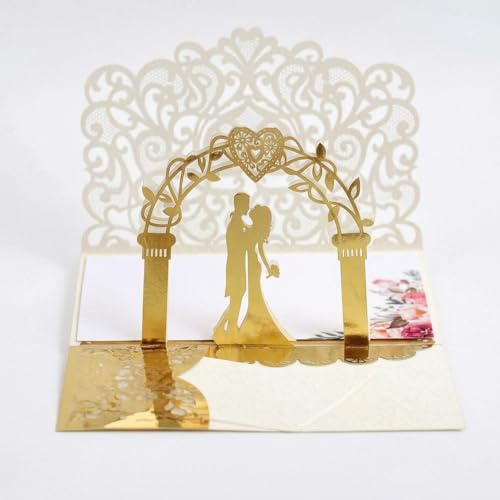 3D Pop Up Hochzeitskarte mit Umschlag, Romantische Glückwunschkarte Hochzeit & Hochzeitskarten, Karte zur Hochzeit für Trauung, Einladungskarten Hochzeit (Gold)