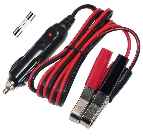 KUNCAN 12Volt 3FT Automotive Sturdy Alligator Clamp Booster Jumper Battery Charge Cable with Cigarette Lighter Male Plug, Electrical Clip-on 16 AWG Heavy Duty Extension Cord, Fuse 10A